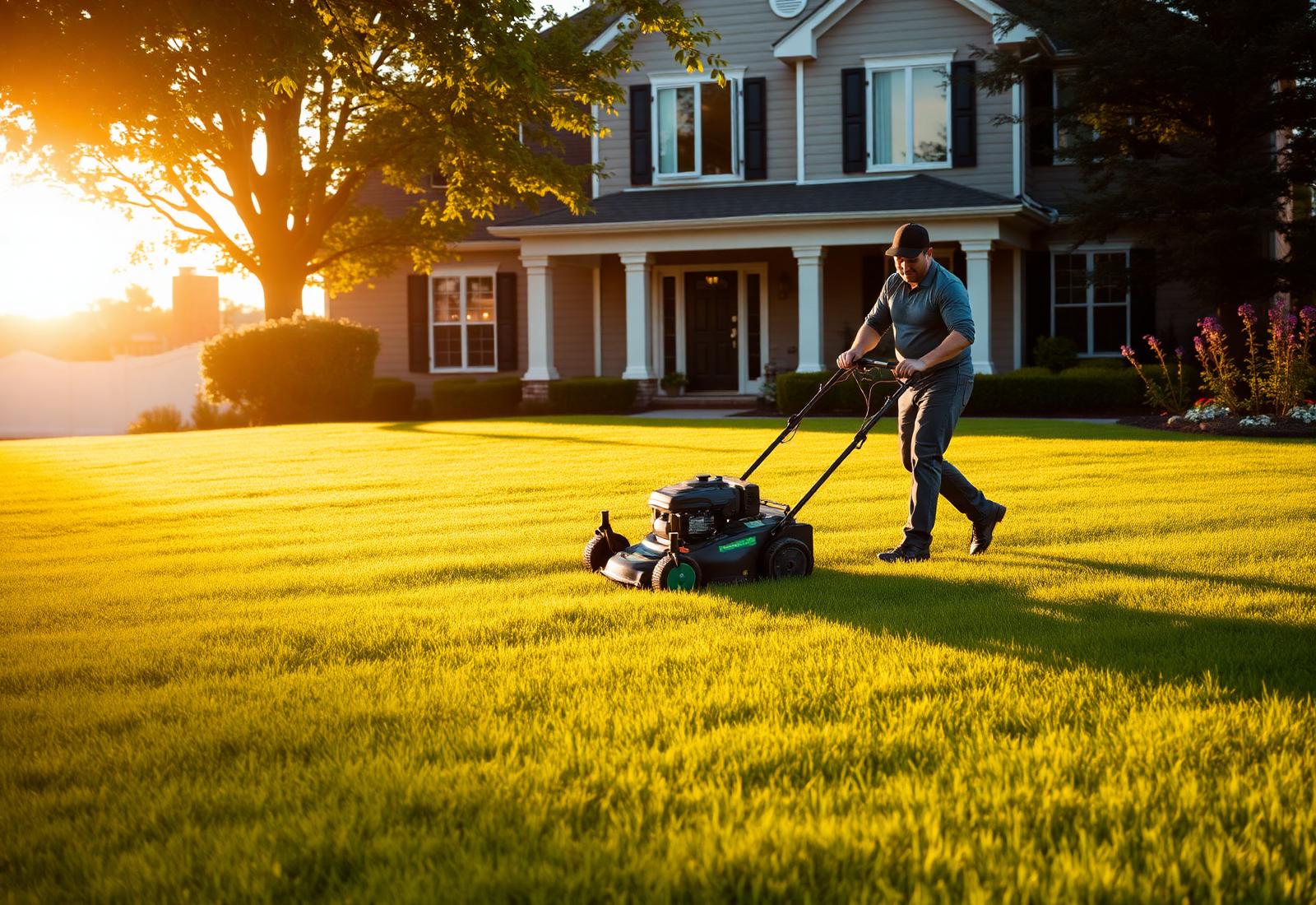 Professional landscaper mowing a beautiful suburban lawn
